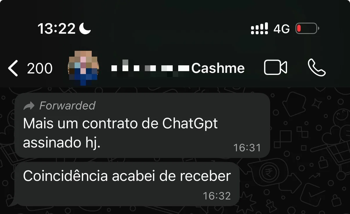 Mensagem de WhatsApp da CashMe: mais um contrato de ChatGPT assinado hoje