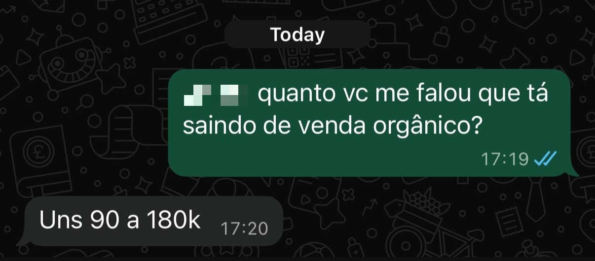 Conversa de WhatsApp: cliente reportando R$ 90 a 180 mil por mês em vendas orgânicas