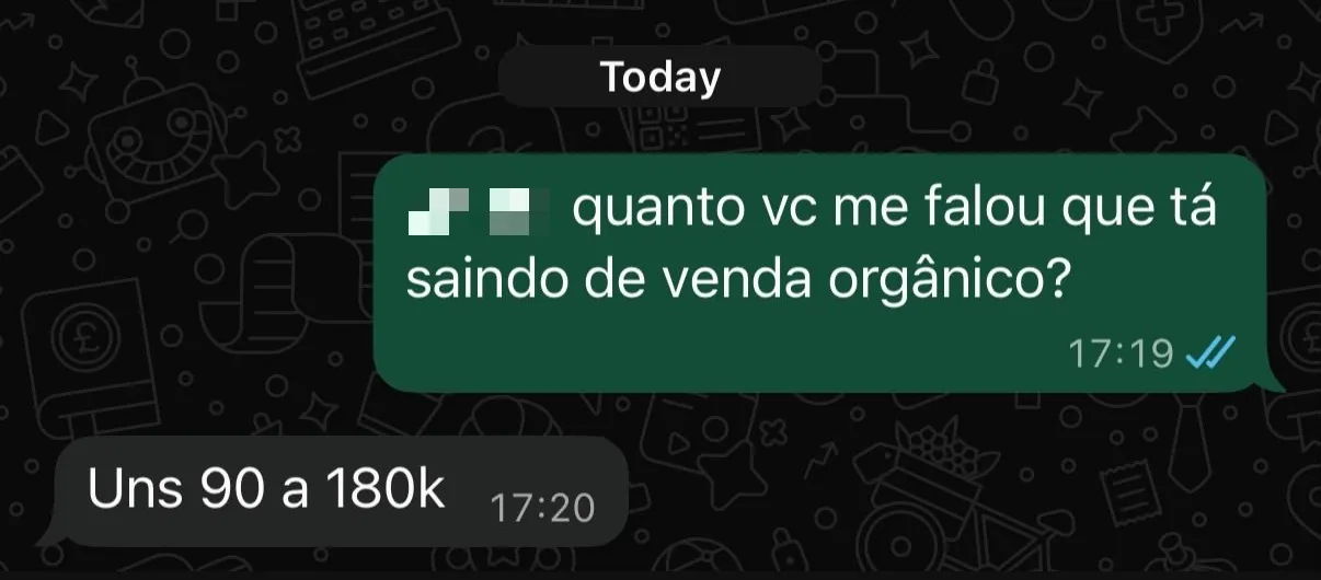 Conversa de WhatsApp: cliente diz que sai de 90 a 180 mil por mês em venda orgânica